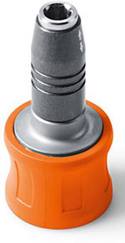 Un connecteur tubulaire gris avec une poignée orange, de forme cylindrique.