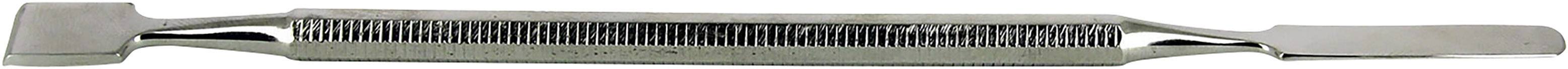 Outil à main métallique doté d'une lame de spatule biseautée d'un côté et d'une surface striée au centre.
