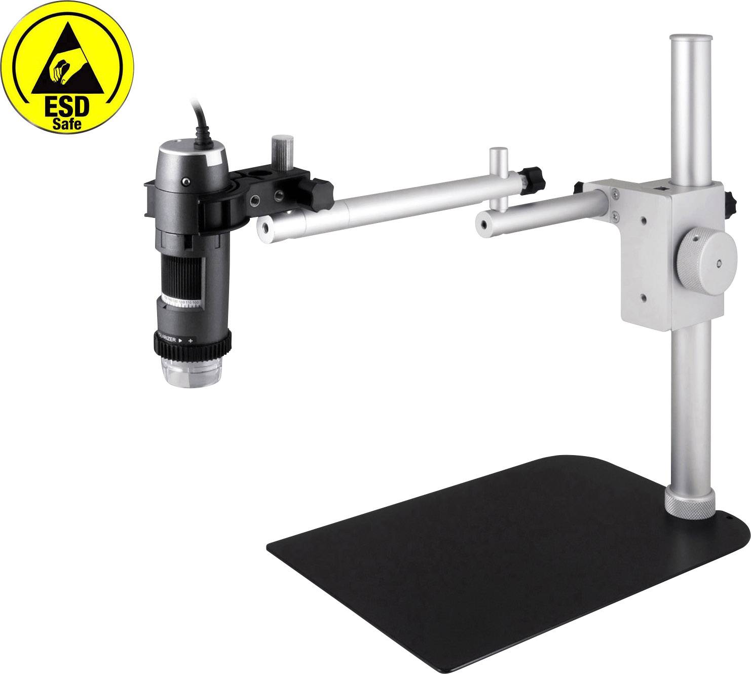 Microscope sur support réglable, protégé contre les décharges électrostatiques (ESD), adapté aux inspections précises dans les environnements de laboratoire ou d'atelier.