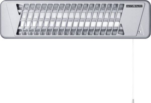 Un radiateur électrique rectangulaire avec grille de protection et chaîne de traction pour la commande. Idéal pour une installation murale à l'intérieur.