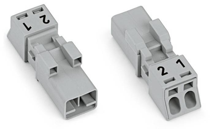 Deux connecteurs rectangulaires gris portant les numéros '1' et '2'. Ils possèdent chacun deux ouvertures et sont placés côte à côte.