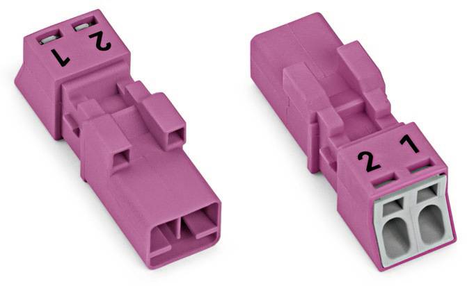 Deux connecteurs en plastique roses portant les numéros 1 et 2. Chacun présente deux emplacements de branchement. Utilisés pour les connexions électriques.