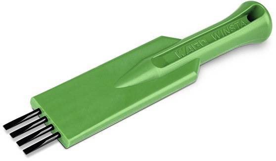 Un outil vert portant l'inscription 'Wago Winsta' avec cinq pointes plates noires à son extrémité.