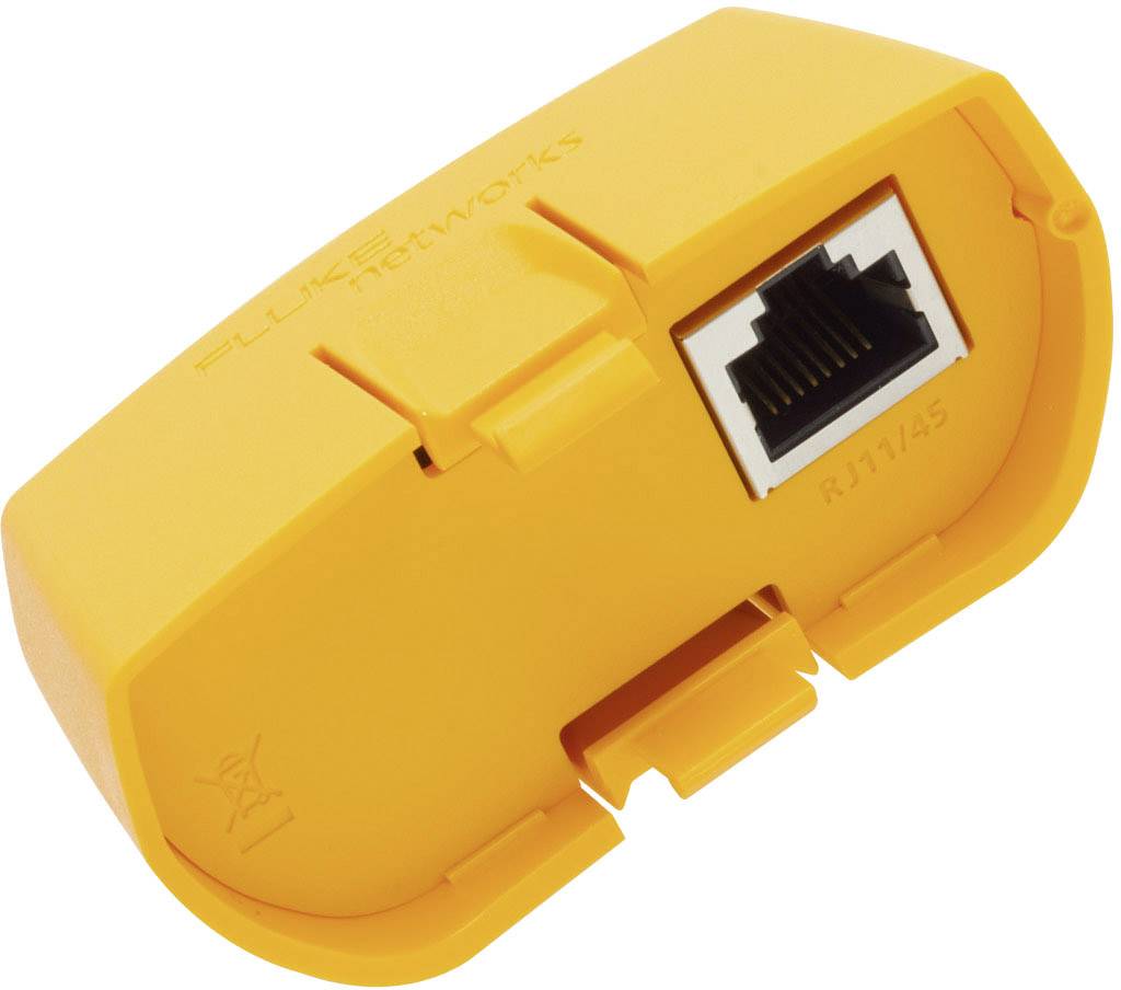 Un module testeur de réseau jaune avec un connecteur RJ-45.