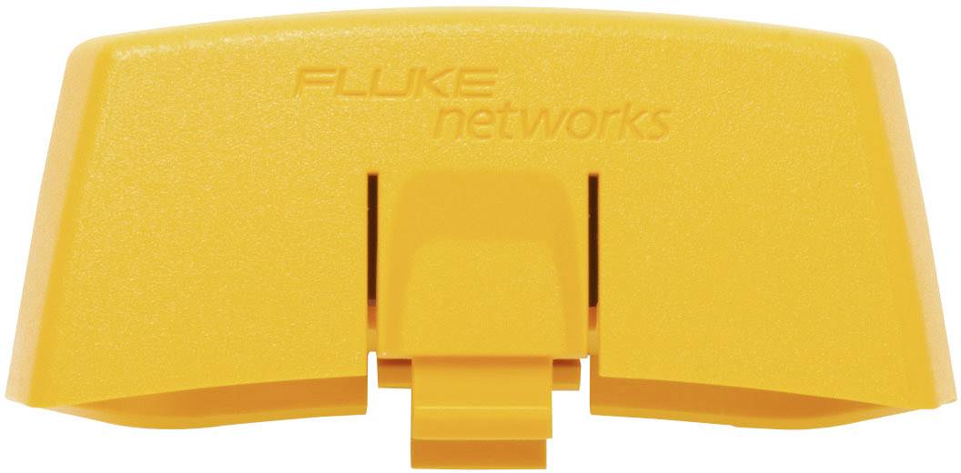Un boîtier en plastique jaune avec le logo gravé de l'entreprise 'Fluke Networks'.