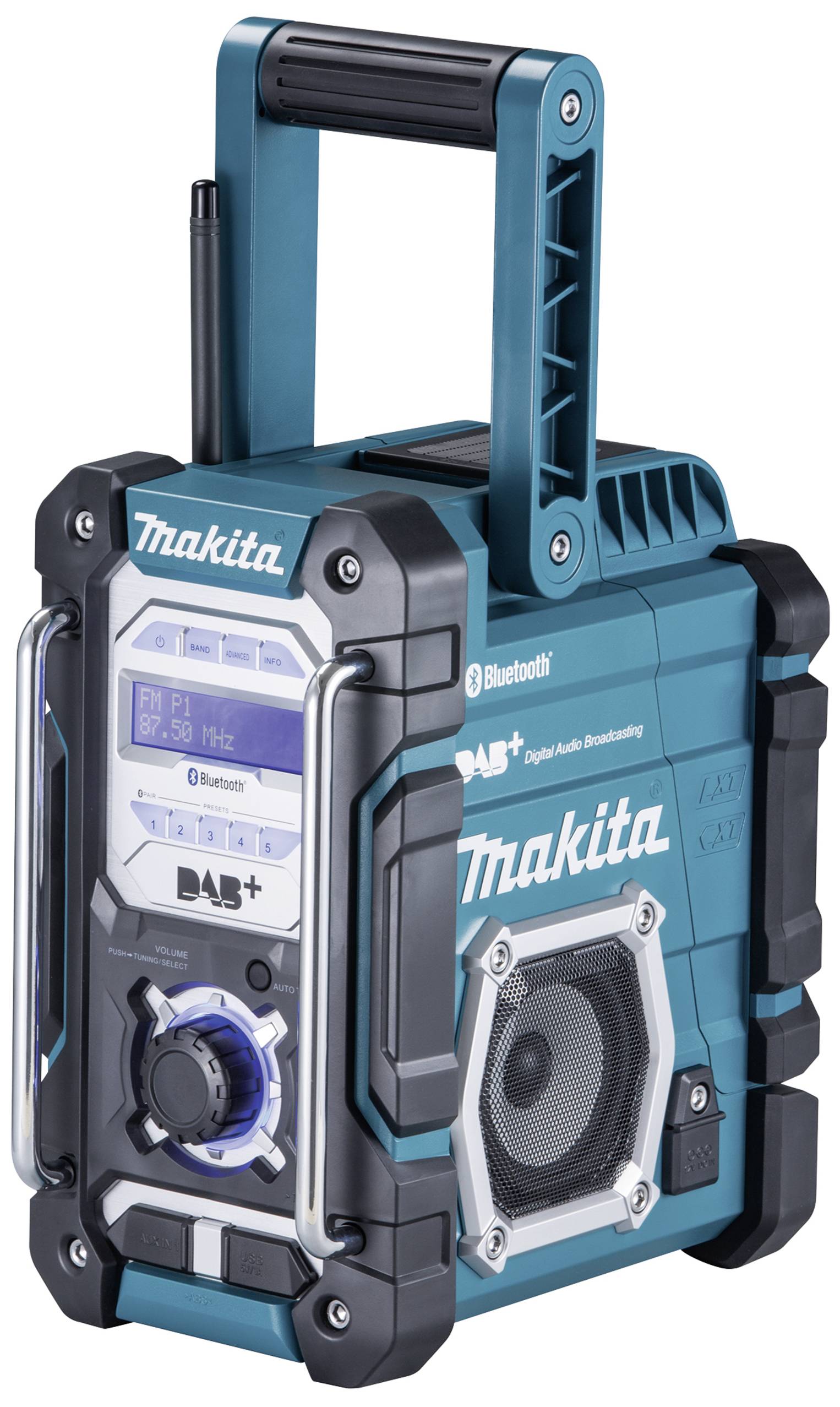 Radio de chantier en bleu et noir avec affichage numérique, haut-parleur et poignée de transport, compatible DAB+ et Bluetooth.