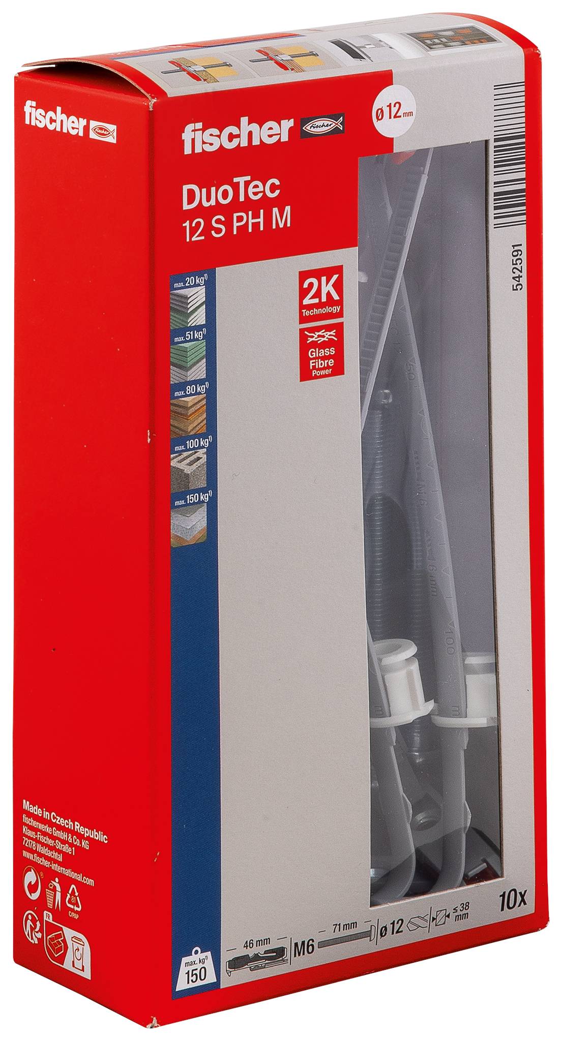 Un boulon à basculette gris avec une ancre en plastique rouge et une vis en métal est présenté. La conception aide à fixer des articles lourds aux cloisons sèches ou aux murs creux.