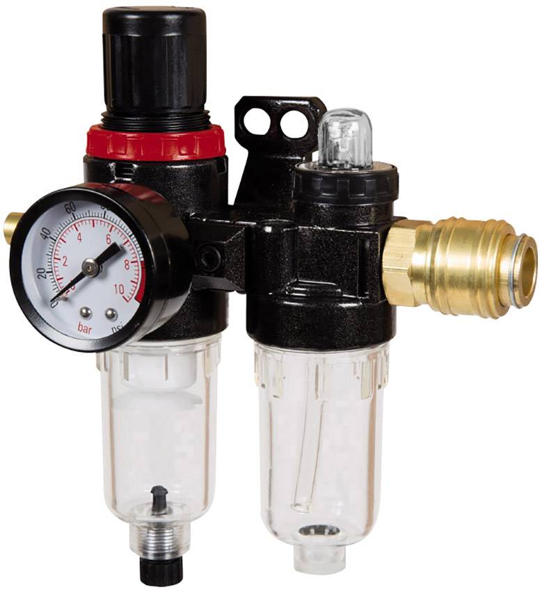 Régulateur double de pression d'air comprimé avec manomètre et séparateur d'eau, pour le contrôle et la purification de l'air comprimé dans les systèmes pneumatiques.