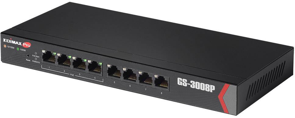 Un commutateur réseau noir 'EDIMAX GS-3008P' avec huit ports Ethernet et des voyants d'état sur la face avant.