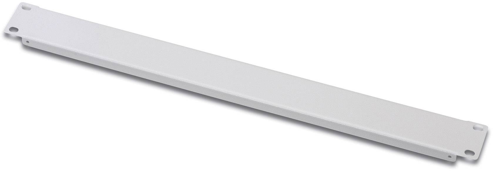 Une plaque rectangulaire blanche en métal servant de panneau de couverture pour des unités de rack 19 pouces. Elle comporte des trous de vis à chaque angle.