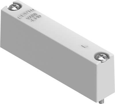Un capteur rectangulaire gris de Festo portant l'inscription 'VABS' et muni de vis à chacune de ses extrémités. Il est utilisé dans les systèmes pneumatiques.