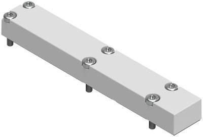 Une poutre rectangulaire en métal, fixée avec sept vis, sert de connecteur dans des constructions ou des machines.