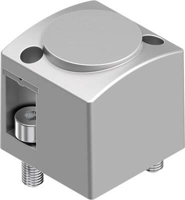 Appareil métallique argenté avec un bouton cylindrique et un filetage, probablement un composant d'une machine industrielle ou d'un support.