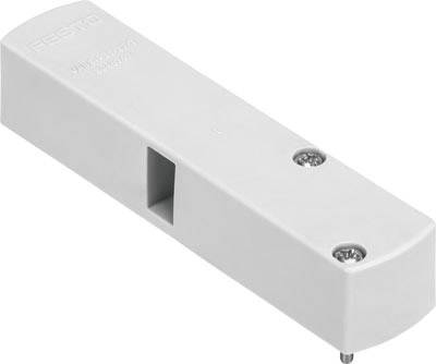 Pièce rectangulaire blanche avec deux vis et une ouverture rectangulaire au centre, sur un fond neutre.