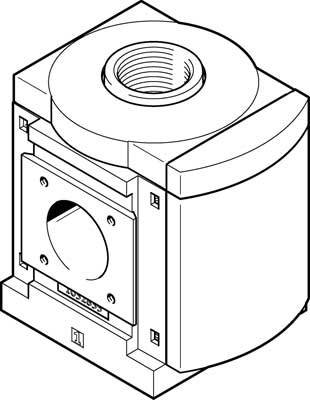 Dessin isométrique d'un module de composant mécanique cylindrique avec socle carré, ouverture centrale et connexions par vis visibles.