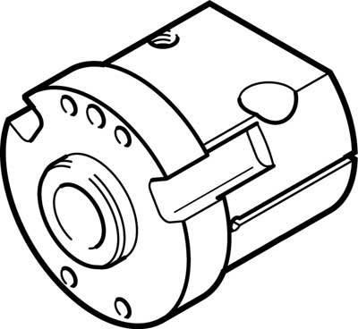 Dessin technique en noir et blanc d'un élément de machine cylindrique avec des trous de vis et une saillie.