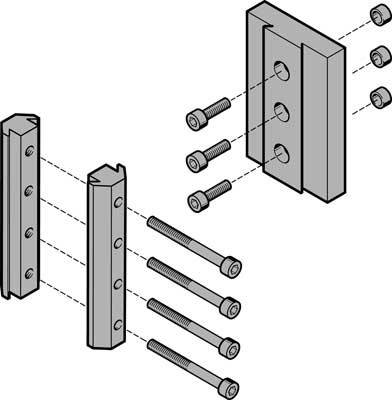 Diagramme de deux plaques métalliques reliées par quatre vis et écrous, montrant le processus de montage avec les vis et écrous en position.