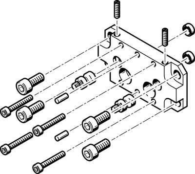 Vue éclatée d'un composant mécanique avec vis et écrous, montrant l'arrangement détaillé et les éléments de connexion.