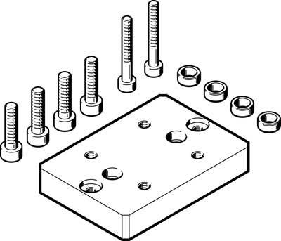 Illustration d'un kit de montage de plaque métallique comprenant des vis et des rondelles, disposés à côté d'une plaque rectangulaire.