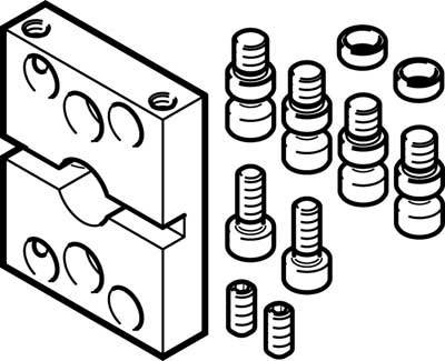 Illustration d'un composant d'outillage avec des vis et des écrous de différentes tailles. Présente les composants d'assemblage.