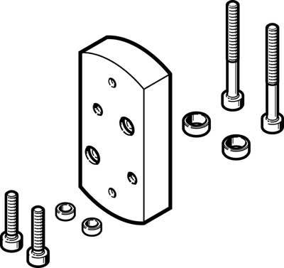 Dessin technique en noir et blanc d'un composant métallique rectangulaire avec des trous de perçage et ses vis, écrous et rondelles associés.