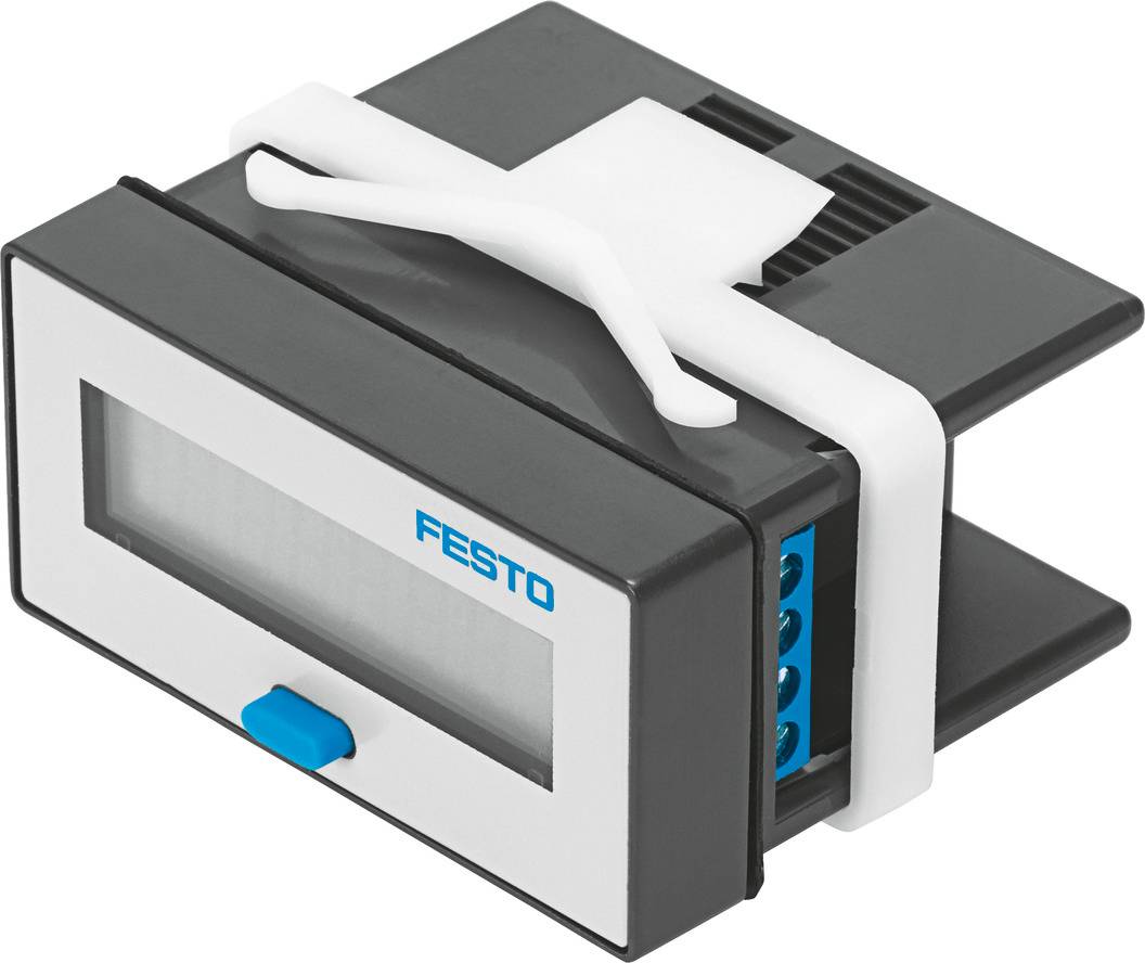 Afficheur numérique de Festo avec écran rectangulaire et bouton bleu, pour applications industrielles.