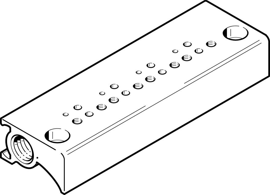 Un diagramme schématique d'une plaque rectangulaire avec plusieurs perçages. Dans le coin inférieur gauche se trouve une ouverture circulaire.