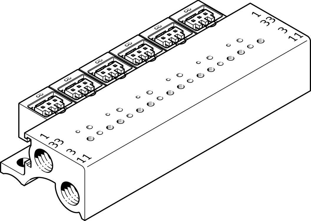 Dessin technique d'un connecteur électrique à six emplacements pour les connexions de câbles. Les marquages des entrées sont visibles.