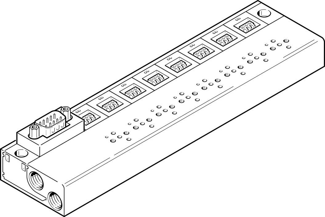 Dessin d'une multiprise électrique avec sept emplacements de prise et un interrupteur. Une prise série est visible en haut.