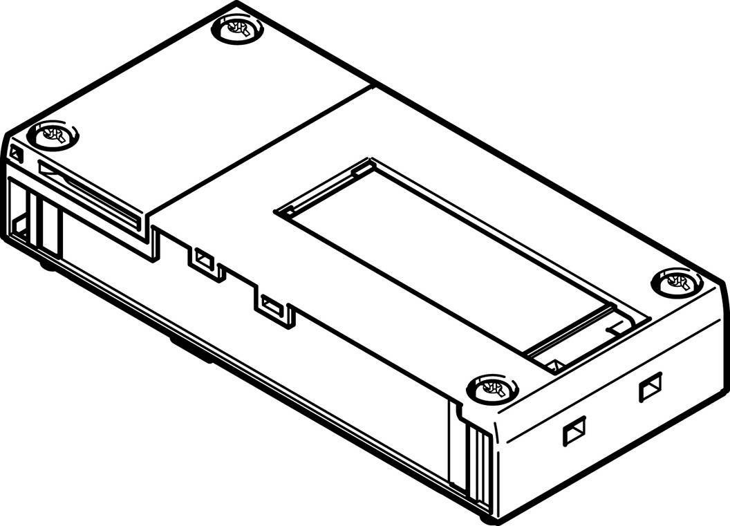 Dessin technique d'un composant électronique rectangulaire avec des découpes et des trous de fixation aux angles.