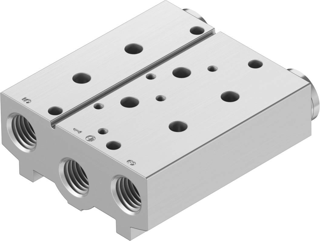 Bloc distributeur pneumatique rectangulaire en métal, pourvu de plusieurs raccords et orifices, destiné à être utilisé dans des systèmes à air comprimé.