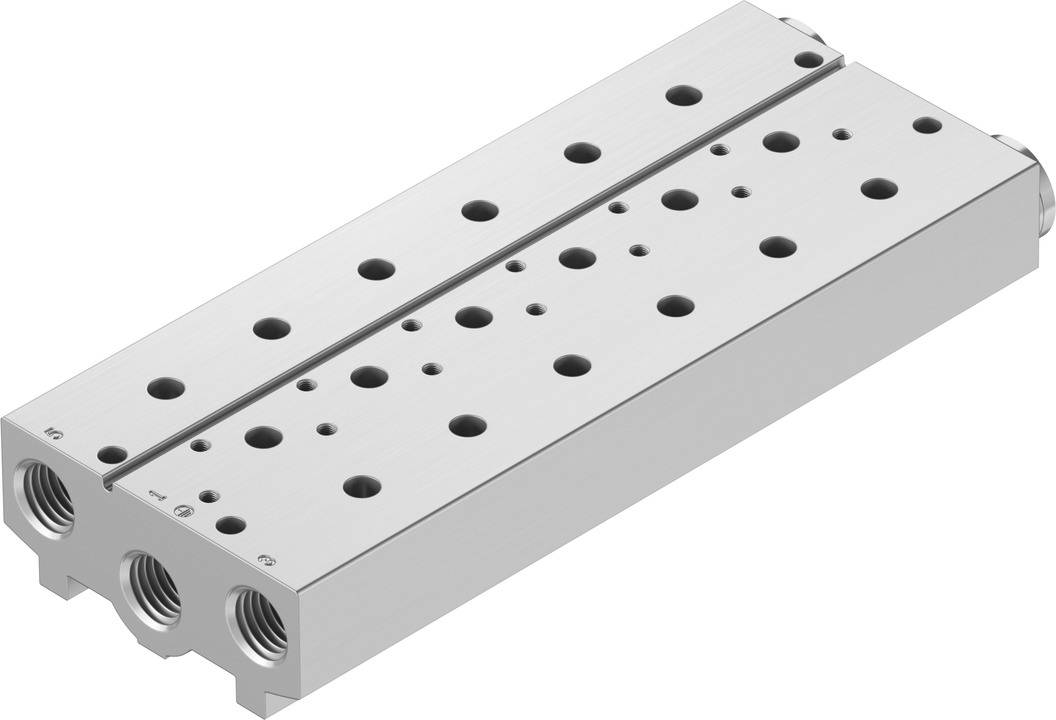 Un bloc rectangulaire en métal avec plusieurs perçages et filetages de raccordement, adapté aux applications fluidiques.