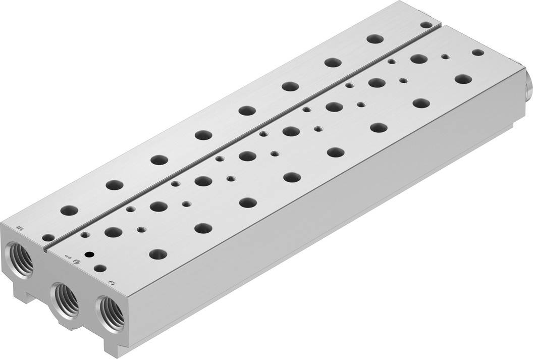 Un composant mécanique argenté avec plusieurs trous et raccordements, probablement un bloc-vannes pneumatique ou hydraulique.