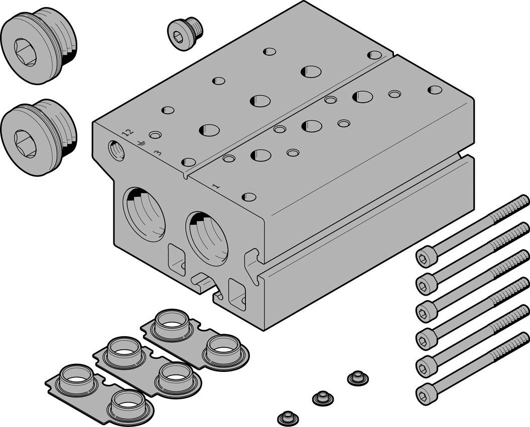 Dessin technique d'un composant mécanique, composé d'un bloc rectangulaire avec deux ouvertures cylindriques, des vis et des joints d'étanchéité.