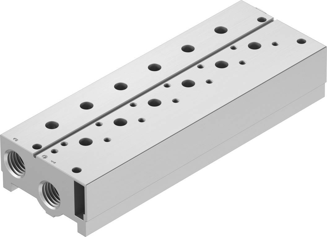 Traîneau pneumatique métallique à ouvertures rondes multiples et deux raccordements latéraux, conçu pour des applications industrielles.