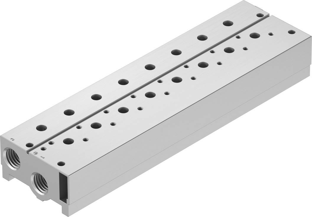 Un bloc de vérin pneumatique rectangulaire en métal avec plusieurs orifices de raccordement et filetages en surface, avec des raccords latéraux.