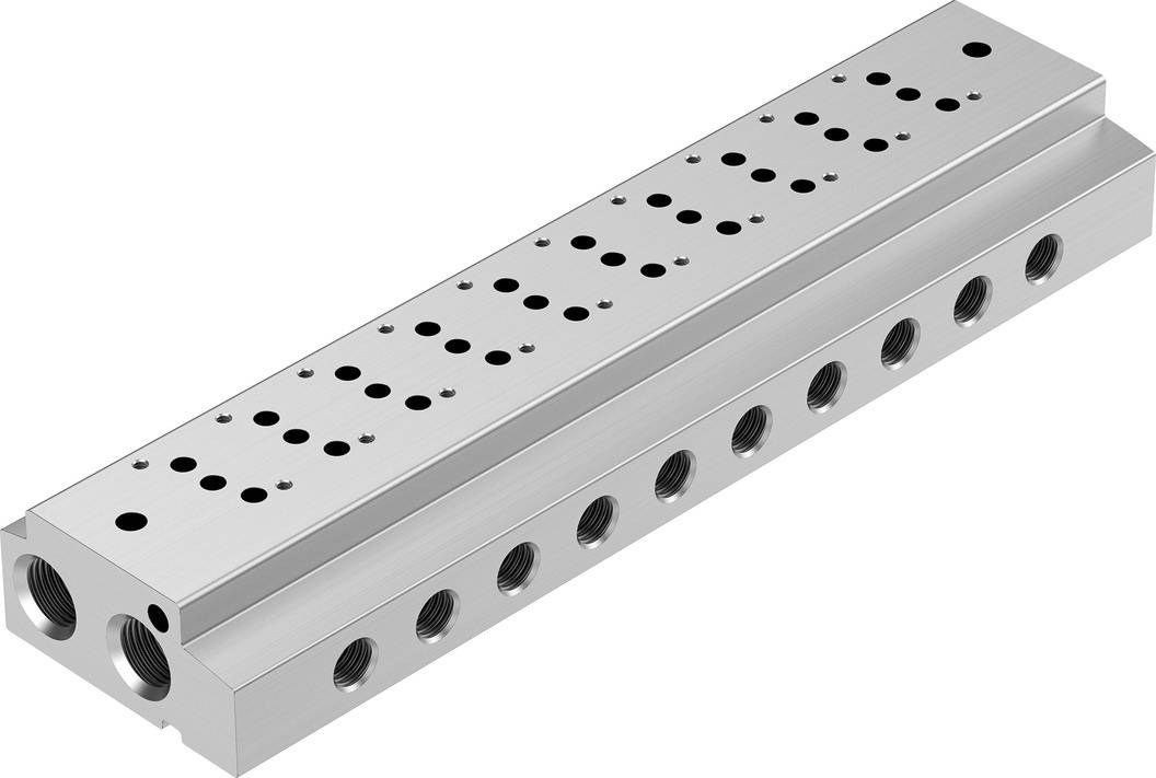 Un bloc rectangulaire en métal avec plusieurs trous et raccordements, probablement un composant d'un système hydraulique ou pneumatique.