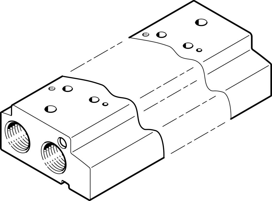 Dessin technique d'une pièce de machine rectangulaire avec deux ouvertures cylindriques sur un côté et plusieurs perçages.