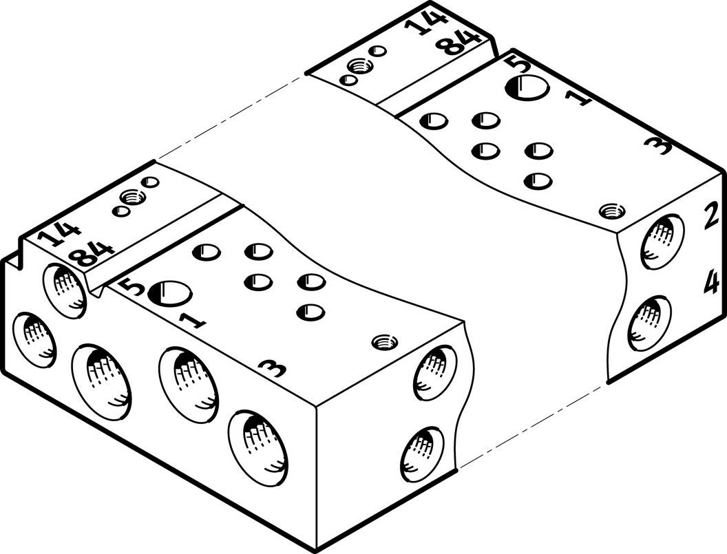 Dessin technique d'un composant avec un design symétrique, des perçages numérotés et des dimensions sur les côtés.