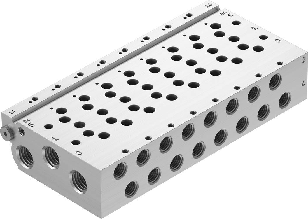 Bloc métallique présentant de nombreuses ouvertures arrondies et des trous filetés, probablement un composant d'un système pneumatique ou hydraulique.
