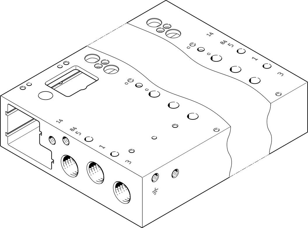 Dessin technique d'un boîtier rectangulaire avec des trous et des connexions, potentiellement adapté pour des composants électroniques.