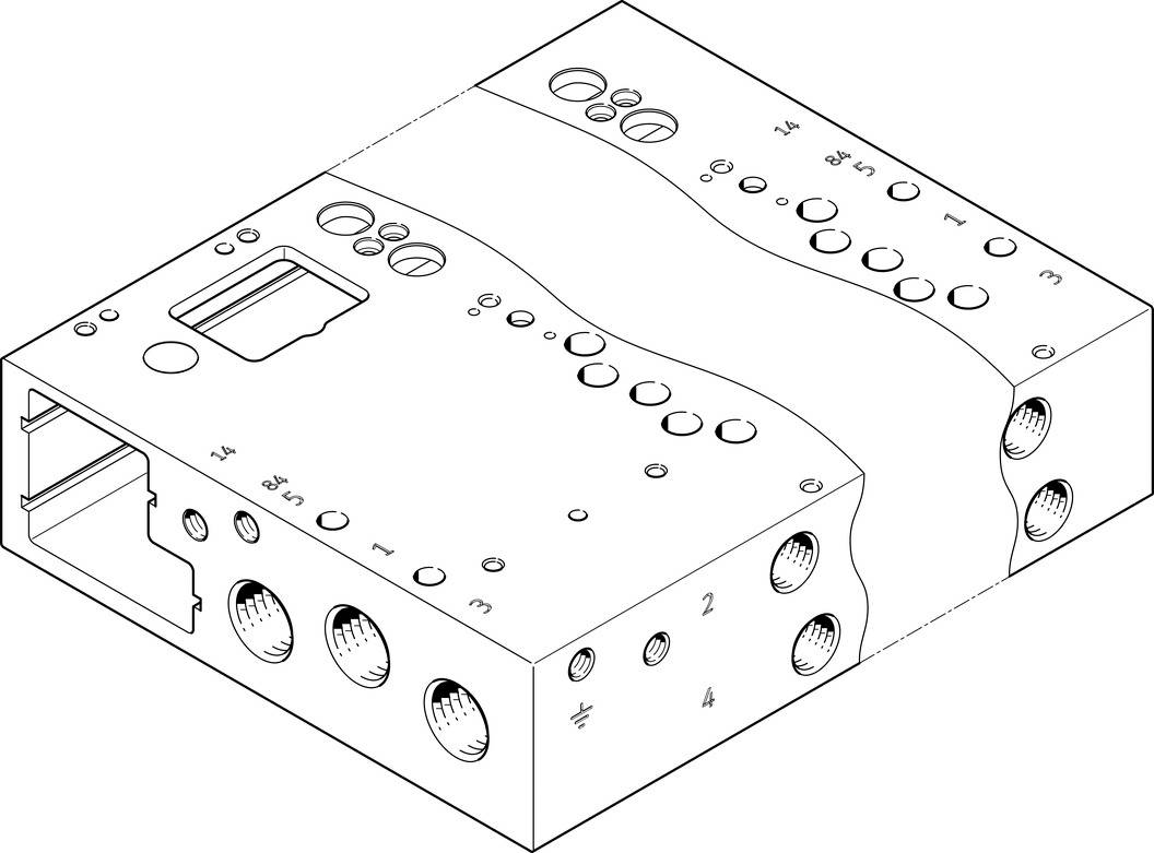 Dessin technique d'un bloc métallique cubique comportant de nombreux trous et numérotations, probablement une pièce mécanique.
