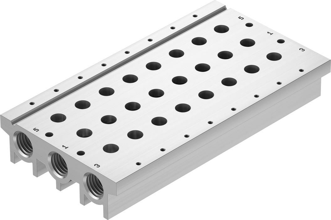 Composant mécanique métallique avec plusieurs trous et filetages, possiblement partie d'un système modulaire ou d'un dispositif.