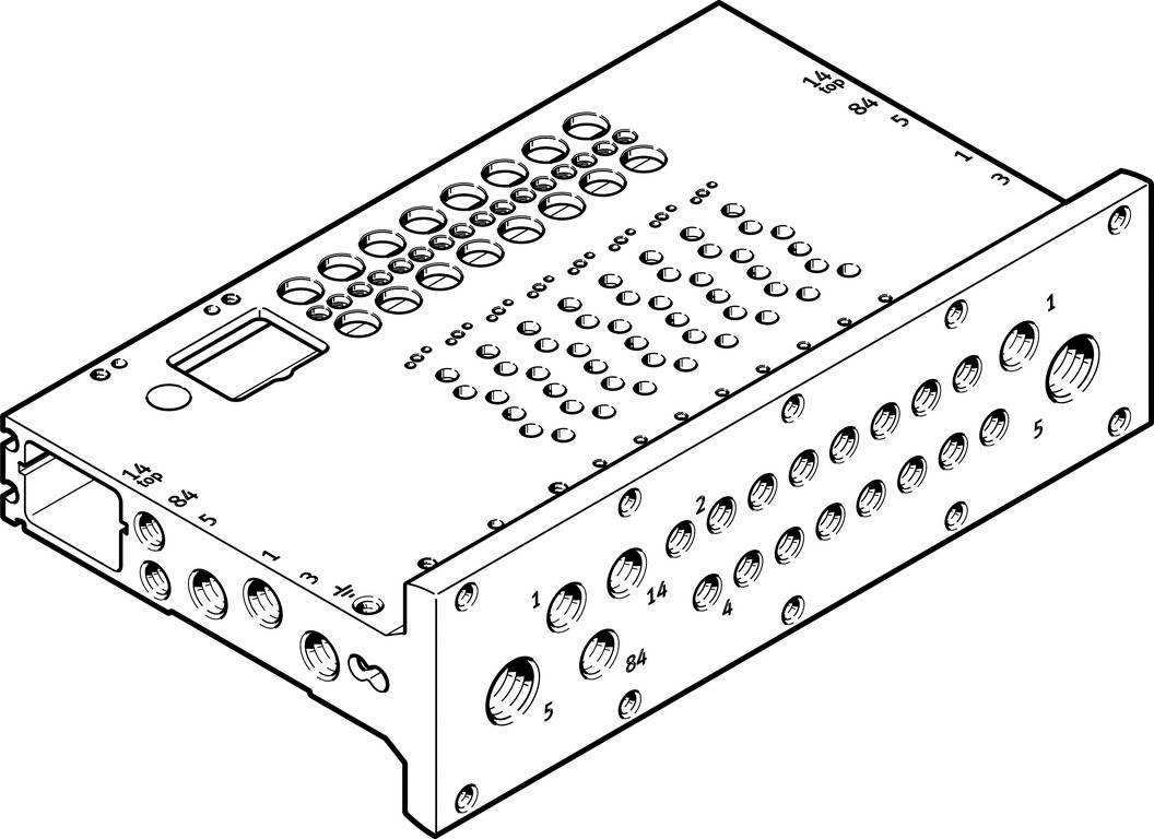 Dessin technique d'un bloc répartiteur rectangulaire avec plusieurs points de connexion et de fixation.
