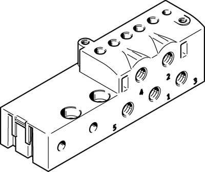 Dessin technique en noir et blanc d'un module rectangulaire avec plusieurs raccordements numérotés et des perforations pour des applications industrielles.