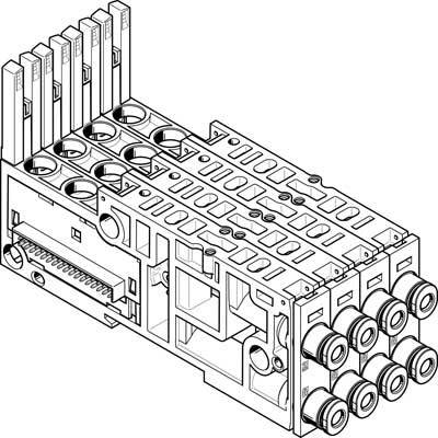 Un dessin technique d'un module de connecteurs avec plusieurs emplacements et connexions disposés dans un arrangement rectangulaire.