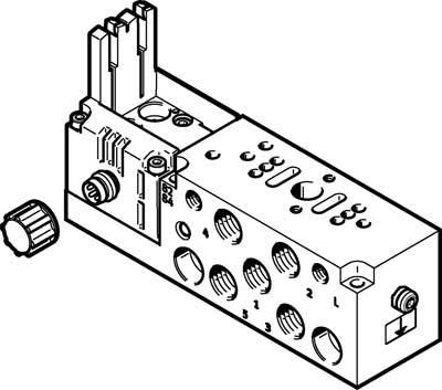 Dessin technique d'un bloc de vannes avec plusieurs connexions et une vis de réglage, représenté sous forme de schéma graphique linéaire.