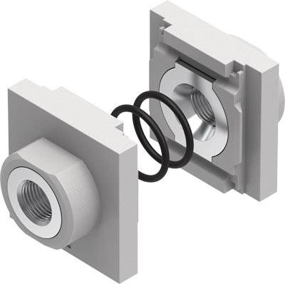 Deux plaques carrées grises avec des anneaux métalliques centraux et un anneau noir de connexion entre elles, pouvant être fixées l'une à l'autre.