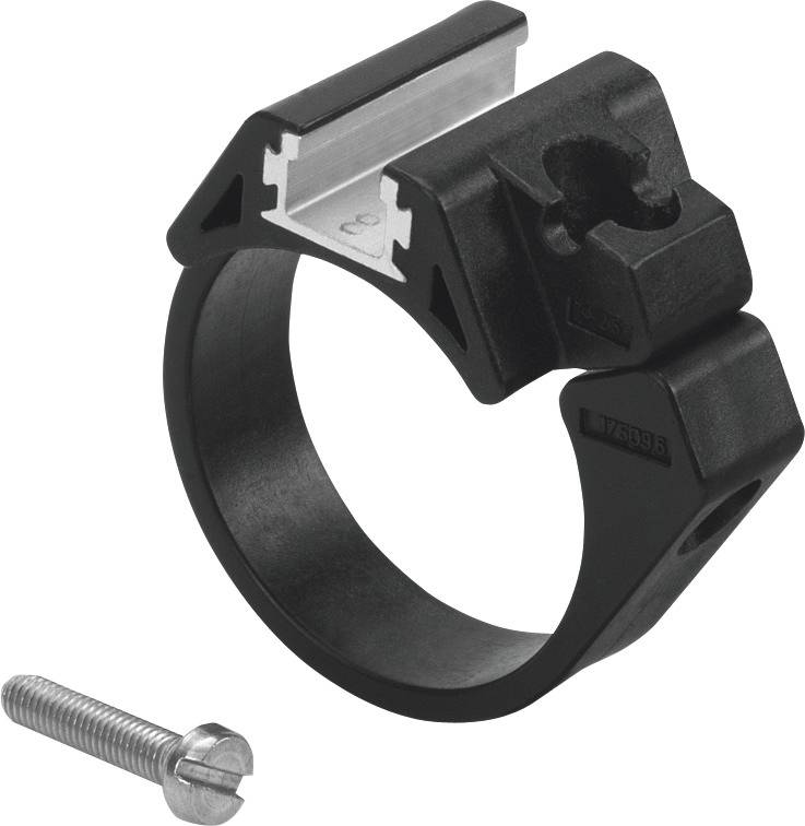 Un support de câble en plastique noir avec une vis métallique de fixation.