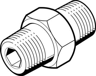 Dessin en noir et blanc d'une vis hexagonale avec un filetage extérieur des deux côtés et une tête à six pans creux au centre.